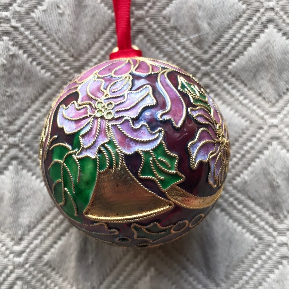 Wendell August Cloisonné Enameled 2” Ball Poinsettia Christmas Ornament - Picture 1 of 10